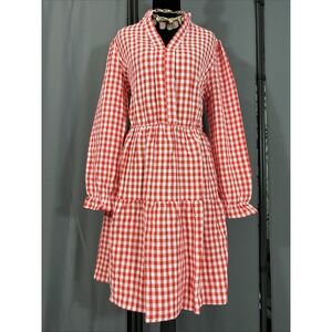 Red White Gingham Tiered Shirt Dress Ruffle Collar Pockets Sz S Casual #J